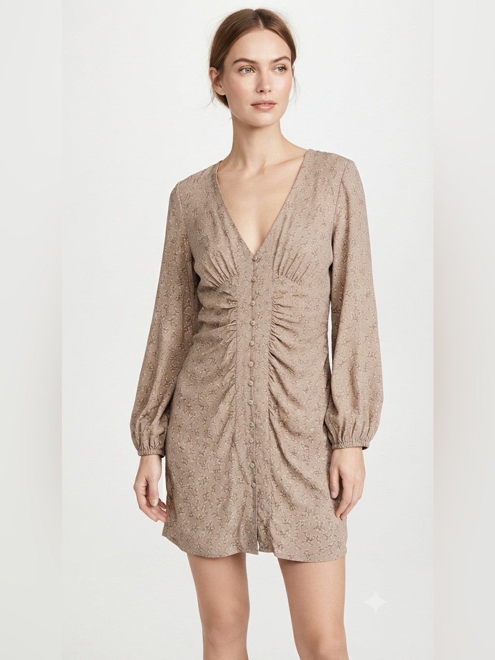 LIKE Promesa Taupe Floral Ruched V-Neck Mini Dress